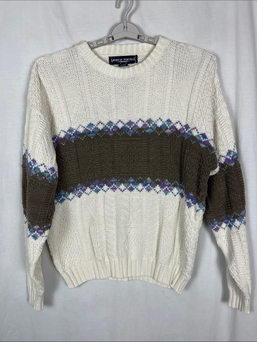 Vintage American Portrait Chunky Knit White and Brown Cotton Sweater